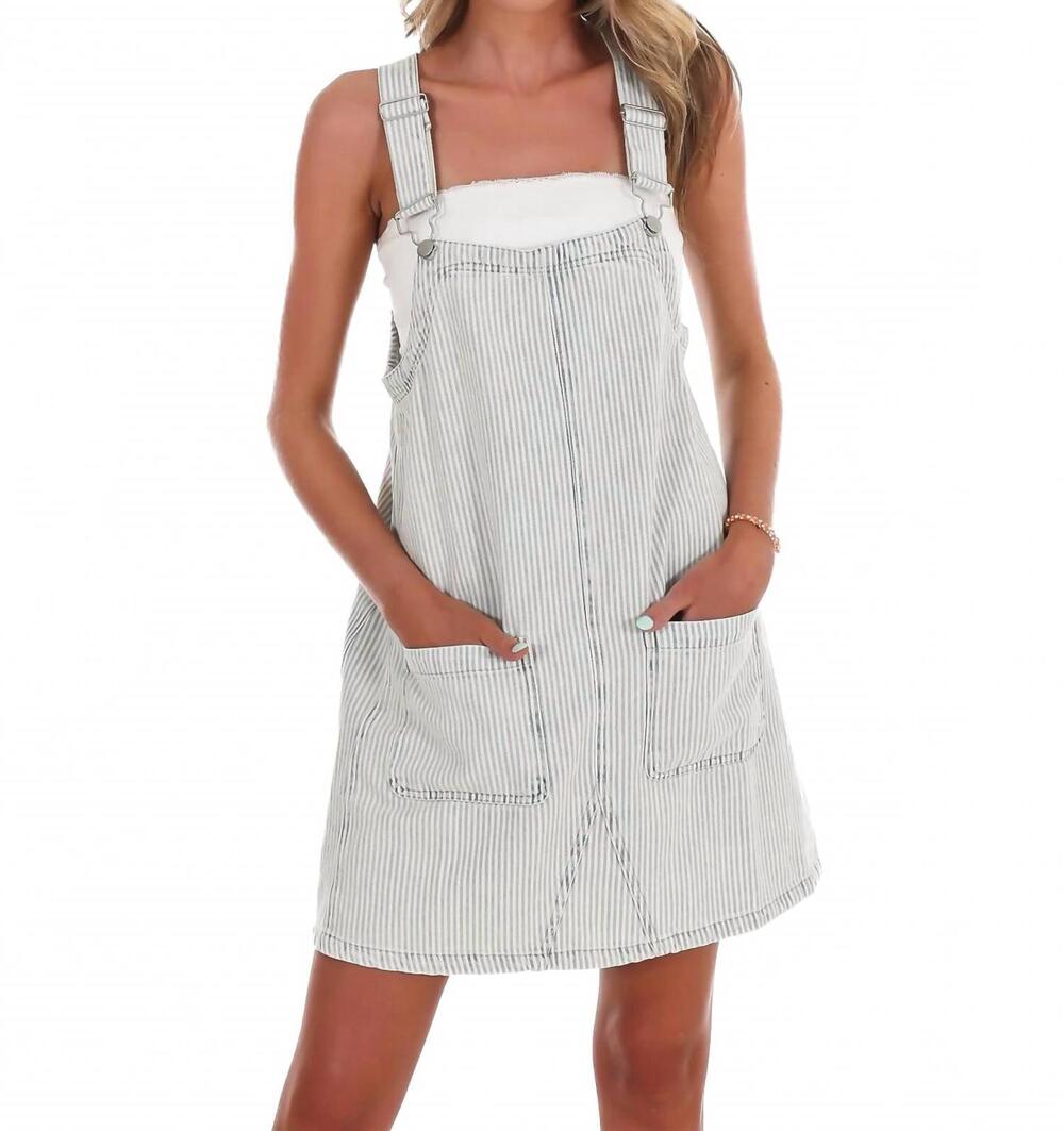 NEW BLU PEPPER outlook stripe denim overall mini dress in green striped